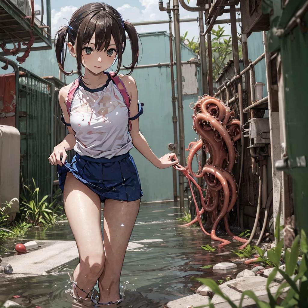 Girl captured by tentacles in abandoned factory、Tentacles in a skirt、Pants fabric texture、Watery eye、shout、Get wet、Reluctant、run away