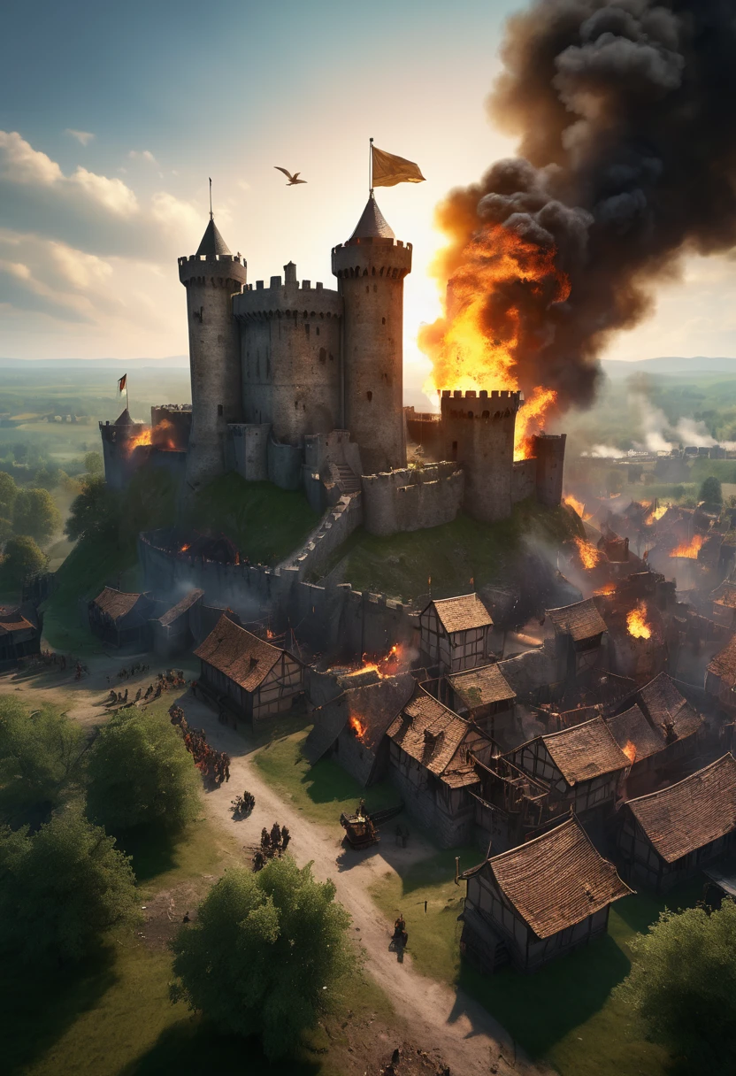a dilapidated medieval castle under siege, birds-eye view, crumbling siege tower, broken battering ram, encircling army, smoke billowing everywhere, burning buildings:1.2, arrows flying, sunset, long shot, fluttering flags, (best quality,4k,8k,highres,masterpiece:1.2),ultra-detailed,(realistic,photorealistic,photo-realistic:1.37),cinematic,highly detailed,dramatic lighting,epic scale,volumetric lighting,dynamic composition,muted color palette,warm tones