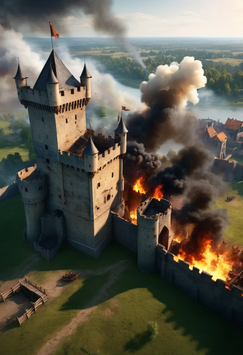 a dilapidated medieval castle under siege, birds-eye view, crumbling siege tower, broken battering ram, encircling army, smoke billowing everywhere, burning buildings:1.2, arrows flying, sunset, long shot, fluttering flags, (best quality,4k,8k,highres,masterpiece:1.2),ultra-detailed,(realistic,photorealistic,photo-realistic:1.37),cinematic,highly detailed,dramatic lighting,epic scale,volumetric lighting,dynamic composition,muted color palette,warm tones