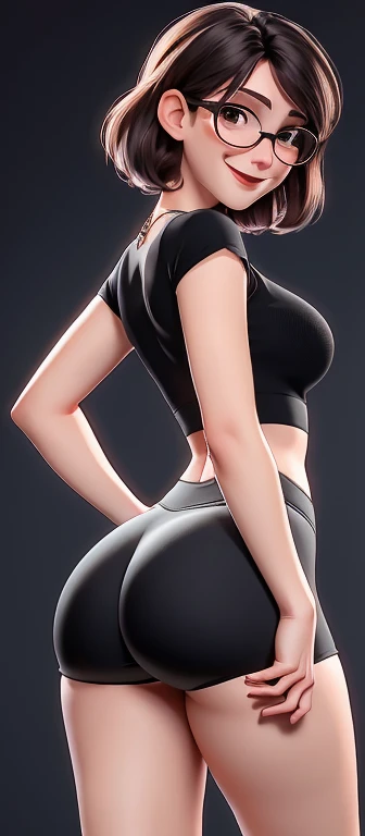 natalie portman, (best qualityer:1.4),(first Ablaze), body focus, (cute face), work of art, ultrarealistic, (((best qualityer))), ((comely Finger)), , comely body, Gorgeous character design, ,lighting perfeita, colorfully, Ablaze_front_face_lighting, ultra high resolution, high resolution, absurderes:1.2, bokeh:1.2, Lens flare, (Vibrant_colour:1.2), (comely, medium breasts:1.2), (thick-thighs:1.1), thick,
Animated female character, curvy body, full body, sideways, glasses, Pale skin, Round face, kind smile, tthin eyebrows,  ((wearing very tight lycra lace short shorts and black top)),((wearing ultra tight shorts)), fitted shorts, silver necklace with pendant, wrinkles, Red lips, long hair, big ass view, ((show your ass)), ((view from the back)), shot from behind, showing thighs, full body