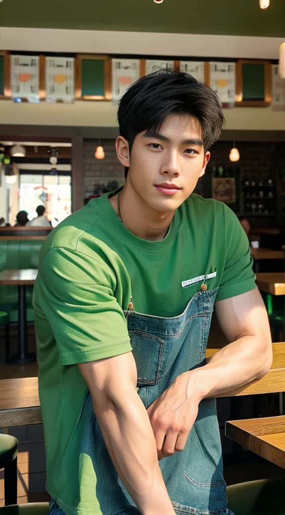 ((realistic daylight)) , Young Korean man in a green t-shirt Denim shirt, jeans, A handsome, muscular young Asian man looks at the camera. , in the restaurant ,turn sideways