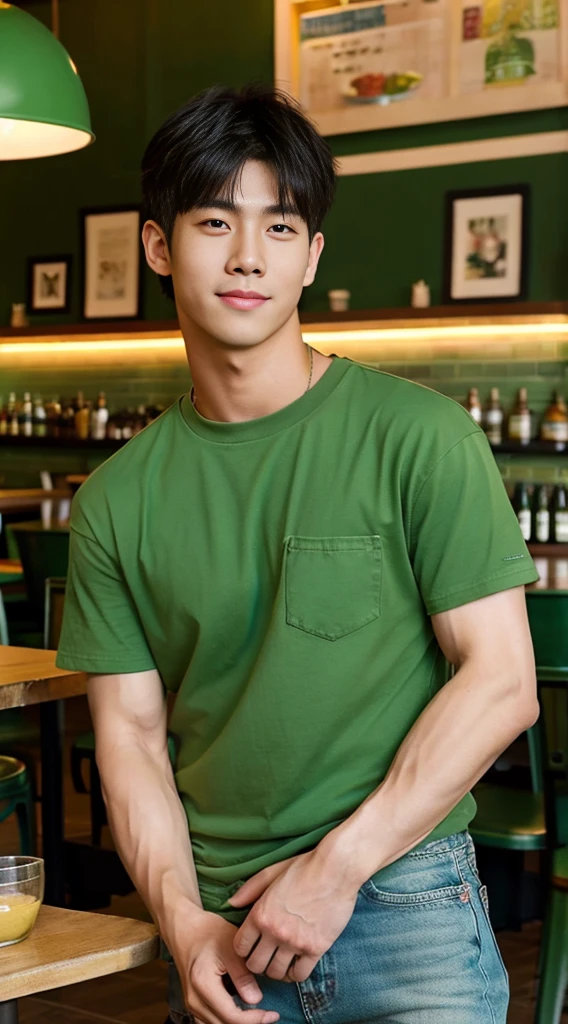((realistic daylight)) , Young Korean man in a green t-shirt Denim shirt, jeans, A handsome, muscular young Asian man looks at the camera. , in the restaurant ,turn sideways