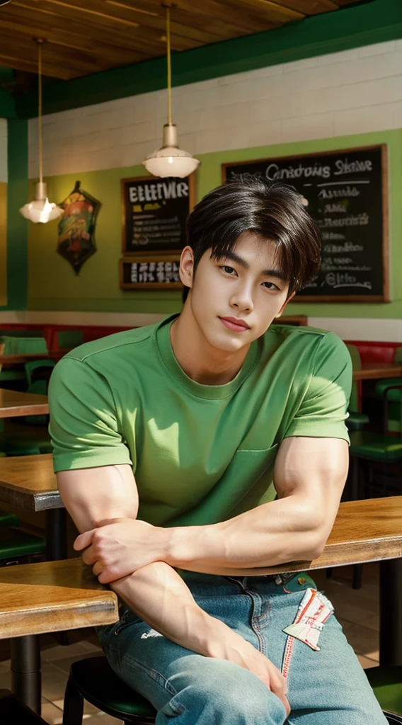 ((realistic daylight)) , Young Korean man in a green t-shirt Denim shirt, jeans, A handsome, muscular young Asian man looks at the camera. , in the restaurant ,turn sideways