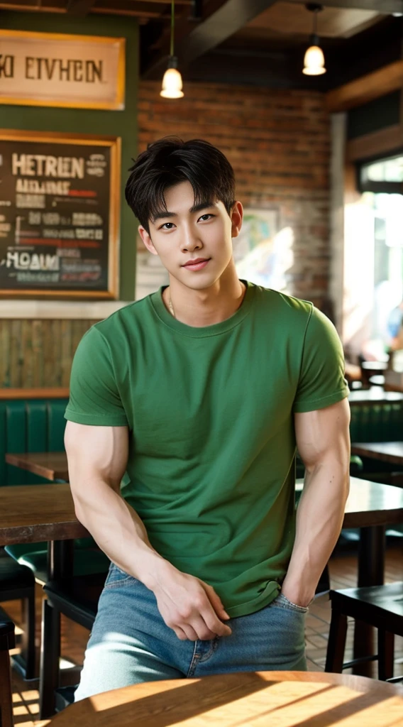 ((realistic daylight)) , Young Korean man in a green t-shirt Denim shirt, jeans, A handsome, muscular young Asian man looks at the camera. , in the restaurant ,turn sideways