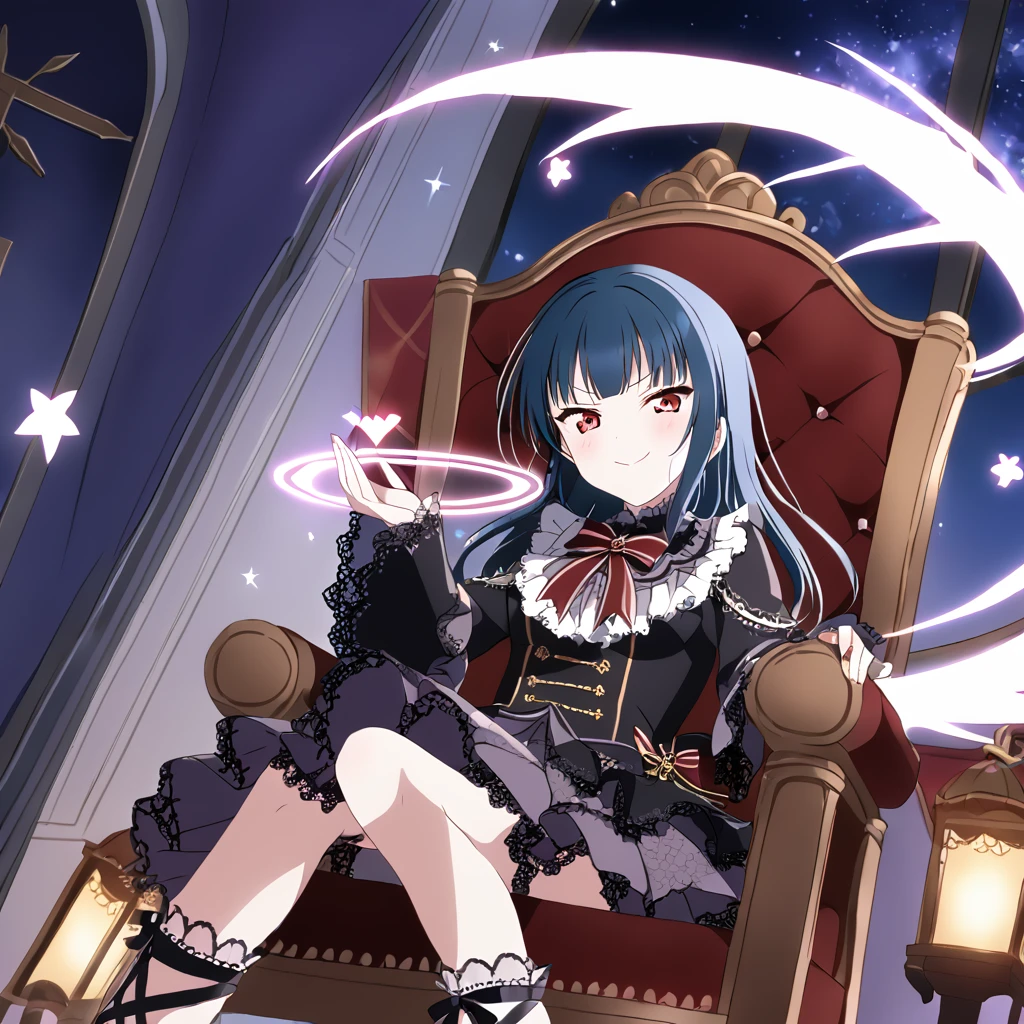 Yoshiko Tsushima、Blue Hair、Red eyes、Gothic Lolita、smug face、sit cross-legged on a chair、Wink、magic、night、dark