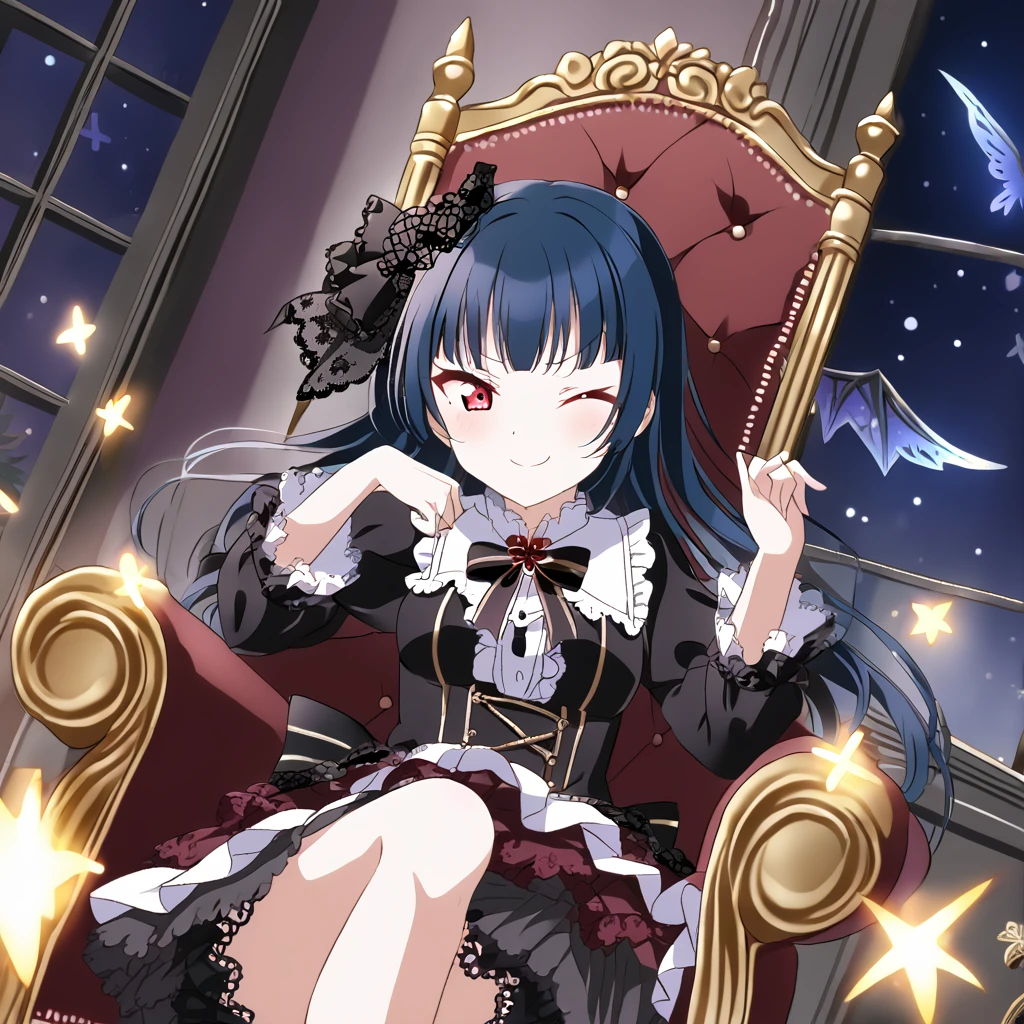 Yoshiko Tsushima、Blue Hair、Red eyes、Gothic Lolita、smug face、sit cross-legged on a chair、Wink、magic、night、dark