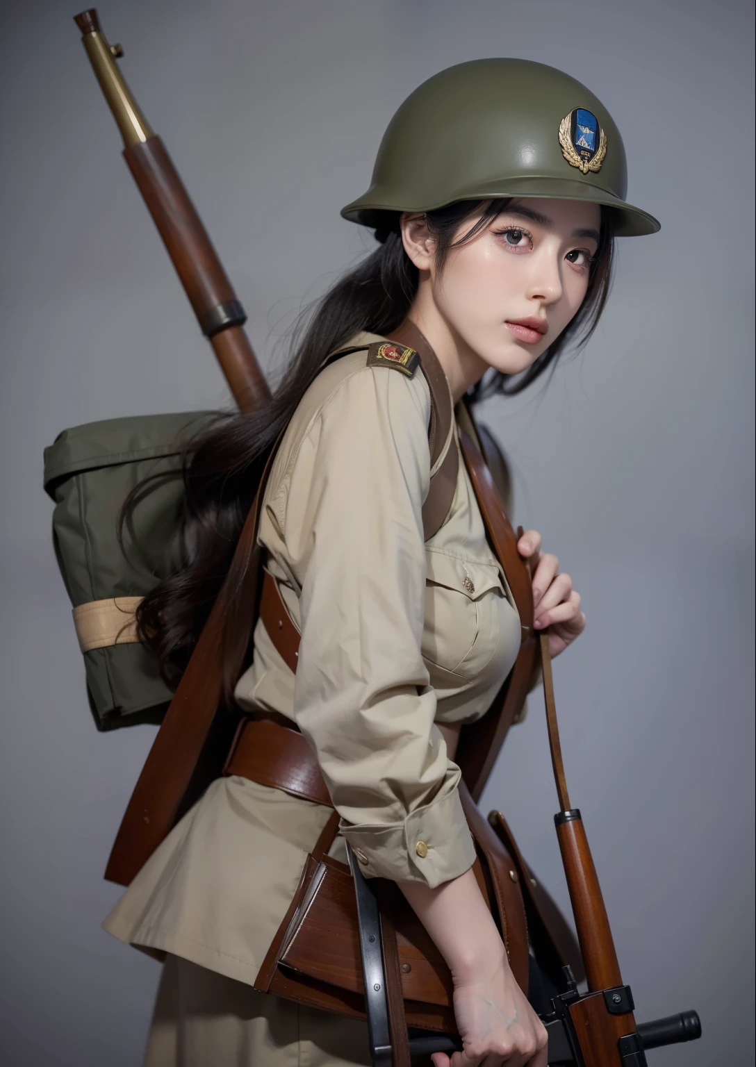 In the throes of World War II, amidst the chaos and turmoil, emerges a striking figure from the ranks of the Japanese Empire. She is a soldier, a rare blend of beauty and authority, her presence commanding respect on the battlefield. Her captivating features are a stark contrast to the harsh realities of war, her delicate face framed by a neatly tied bun, her eyes sharp and resolute. Clad in her uniform, her hands firmly grip an Arisaka rifle. Despite her beauty, her demeanor is stern and unwavering, a testament to her commitment and strength. She stands as a beacon of courage and resilience, embodying the spirit of a warrior in an era defined by conflict. super fine body, super fine face, super fine eyes, super fine nose, superfine mouth, super fine hands, super fine fingers, good shape, very perfect body, very perfect face, very perfect eyes, very perfect nose, very perfect mouth, very perfect hands, very perfect fingers, super detailed body, super detailed face, super detailed eyes, super detailed nose, super detailed mouth, super detailed hands, super detailed fingers, super high quality, very beautiful girl, super realistic, raw photo, natural eyelash, muscular, perfect shape, military, japanese world war II military uniform, katana, arisaka rifle, world war II, japanese soldier, japanese empire soldier, imperial japanese army.