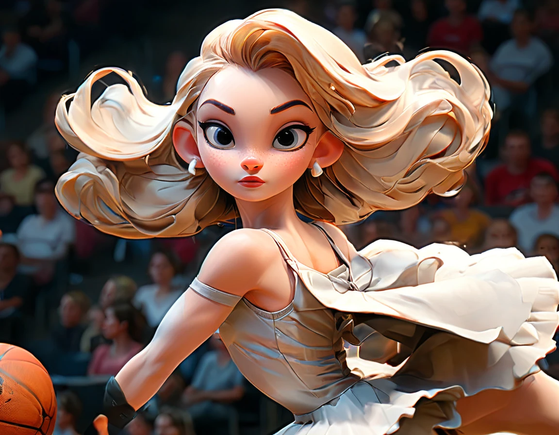 Arafed a sports capture picture of a beautiful ((ballet dancer: 1.5)),  (dunking at a basketball game: 1.3) at a basketball game, an exotic beautiful ballet dancer, blond hair, long hair, dynamic eyes color, concentrated look, determined look, best detailed face, dynamic skin color, wearing ballet clothes and shoes, and dunking, ultra wide shot, photorealistic, vibrant, Ultra-high resolution, High Contrast, (masterpiece:1.5), highest quality, Best aesthetics), best details, best quality, highres, ultra wide angle, 16k, [ultra detailed], masterpiece, best quality, (extremely detailed),