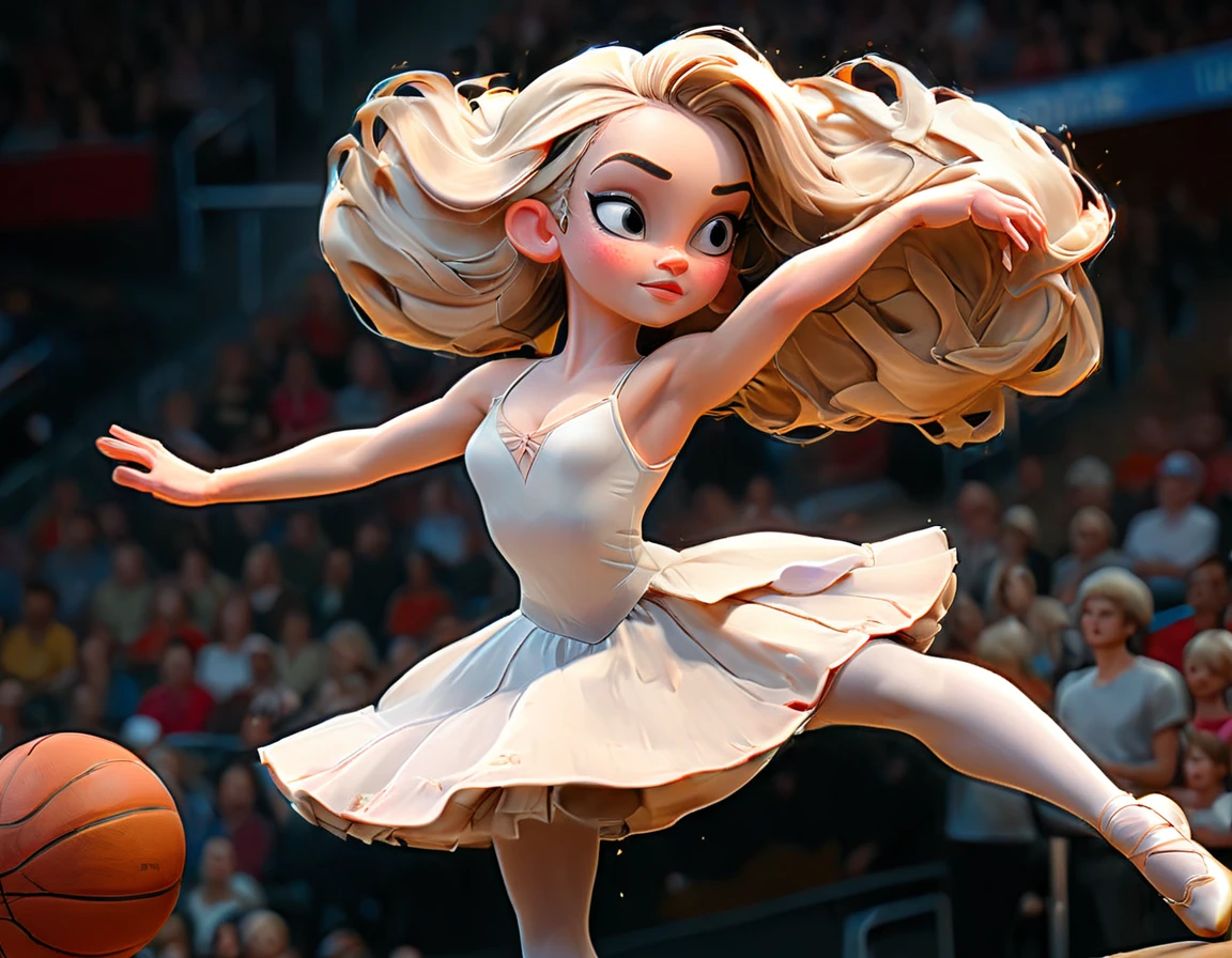 Arafed a sports capture picture of a beautiful ((ballet dancer: 1.5)),  (dunking at a basketball game: 1.3) at a basketball game, an exotic beautiful ballet dancer, blond hair, long hair, dynamic eyes color, concentrated look, determined look, best detailed face, dynamic skin color, wearing ballet clothes and shoes, and dunking, ultra wide shot, photorealistic, vibrant, Ultra-high resolution, High Contrast, (masterpiece:1.5), highest quality, Best aesthetics), best details, best quality, highres, ultra wide angle, 16k, [ultra detailed], masterpiece, best quality, (extremely detailed),