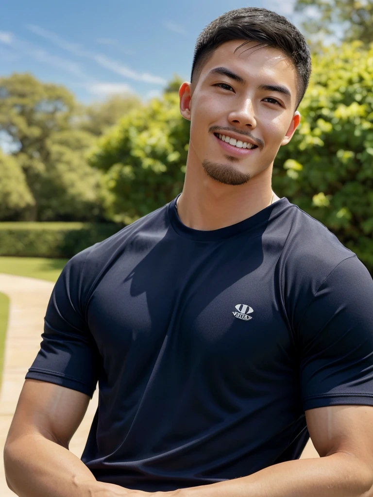 Tony Labrusca, (As a matter of fact, Masterpiece, 8k HD, good light quality, sportswear, fit the face, complicated details), A handsome, muscular young Korean man. , 20 years old, be happy, smile brightly, detailed face, delicate eyes, มองดูsky, Wear a navy tight T-shirt., period, black eyes, Black hair color, ผมsmooth, smooth, outdoor sports, Along the garden, Sunny,sky,Surreal,Awesome details,Highest quality,real,