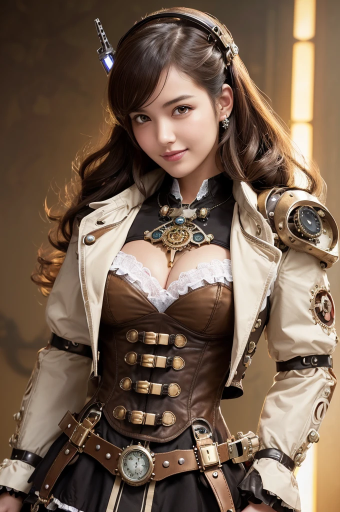 Woman portrait、Highest quality、Rear view、8k,Detailed face, clear, Fine skin、Clear, beautiful eyes、whole body、(Curly Hair)、My hair was messed up by the wind、The beauty of a smile、(Big Breastuscular、tall),(Hip_superior, Hip superior), Mature Woman,( Watching the audience),Realistic, High resolution, Soft Light,1 female, alone, Hipアップ, Glowing Skin, (Detailed face), Sexy smile, Perfect Style, Perfect balance,Brown hair,Twin tails,Naughty look,((Steampunk ta fashion)),(Steampunk Japanese Clothes,A white mecha with a checkered pattern of white, brown, silver, red and dark brown., High-tech Mecha,Beautiful steampunk cyborg woman,Steampunk Mecha Cyborg Girl,cleavage cutout,Steampunk Burberry Check Jacket,Burberry check jeweled tie,wrist cuffs,Burberry Check Jeweled Helmet、Gemstone Belt,Steampunk Sheath Dress),((arms behind back)),(bokeh),(studio lighting)