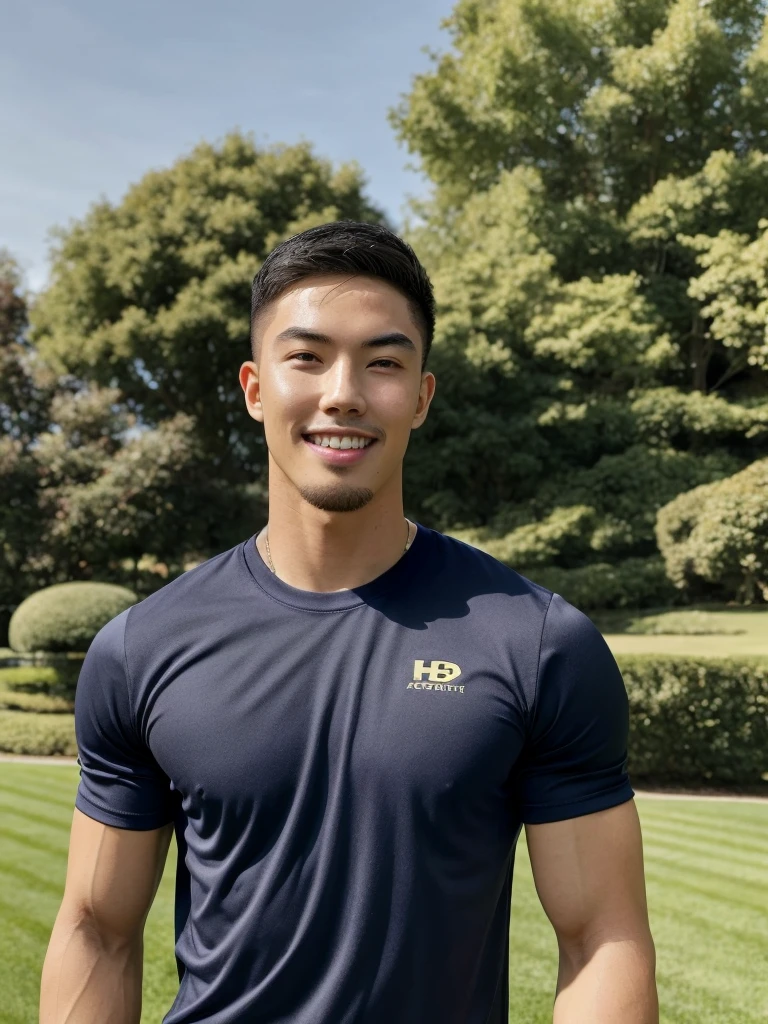 Tony Labrusca, (As a matter of fact, Masterpiece, 8k HD, good light quality, sportswear, fit the face, complicated details), A handsome, muscular young Korean man. , 20 years old, be happy, smile brightly, detailed face, delicate eyes, มองดูsky, Wear a navy tight T-shirt., period, black eyes, Black hair color, ผมsmooth, smooth, outdoor sports, Along the garden, Sunny,sky，Surreal，Awesome details，Highest quality，real，