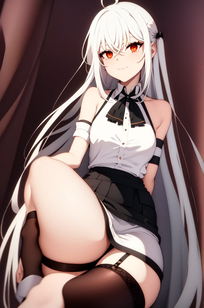 ninym ,masterpiece, glowing light, medium breasts, perfect lighting, looking at viewer, 1girl, mature female, ,thighs, white hair,gradient hair,red eyes, gradient eyes, glowing eyes, black thighhighs, thigh straps, white shirt, black bowtie, white gloves, ahoge, purple sleeves, (simple background), white background, gradient background, light smile, crossed arms, sitting, crossed legs