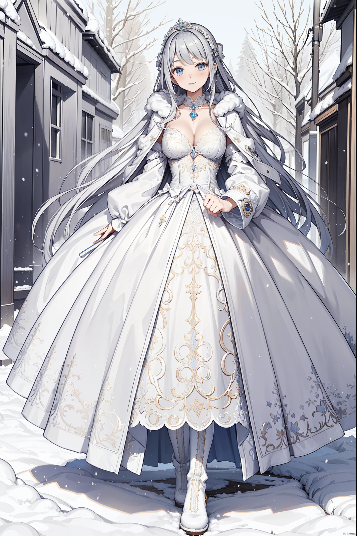 saints,Holy,Having fun,(white winter coat:1.3),Boots,Large long skirt,(luxurious ),(Silver hair:1.2),eBlue eyeany ice jewelry:1.1),Lilac pattern,Minimalism,Ruffles,Lace,Exquisite embroidery,delicate patterned,(Beautifully dressed),The background is the Ice Kingdom,(heavy snow),Alone,Beautiful and delicate face,Obsessed