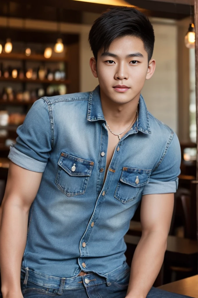 ((realistic daylight)) , Young Korean man in black sports shirt only, no pattern, denim shirt, jeans., A handsome, muscular young Asian man looks at the camera.  , in the restaurant ,turn sideways