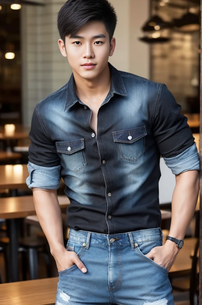 ((realistic daylight)) , Young Korean man in black sports shirt only, no pattern, denim shirt, jeans., A handsome, muscular young Asian man looks at the camera. , in the restaurant ,turn sideways
