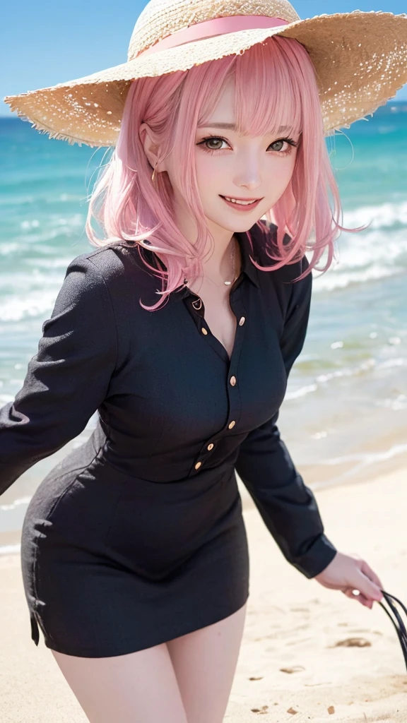 ((Highest quality, Best image quality, Ultra-high resolution)), (RAW photo:1.3), (Photorealistic), (Realistic), (Ultra-high resolution),(A woman in a thin dress and a large straw hat is leaning forward at the seaside and looking at viewer), (pink hair:1.2), (pixie hair), (smile:1.3)