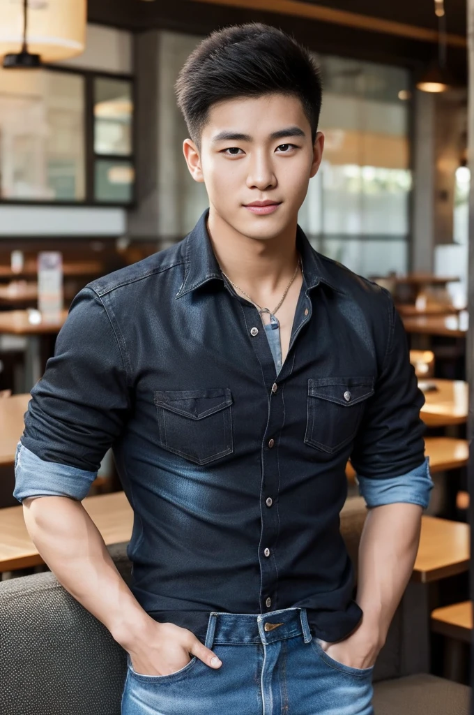 ((realistic daylight)) , Young Korean man in black sports shirt only, no pattern, denim shirt, jeans., A handsome, muscular young Asian man looks at the camera.  , in the restaurant ,turn sideways