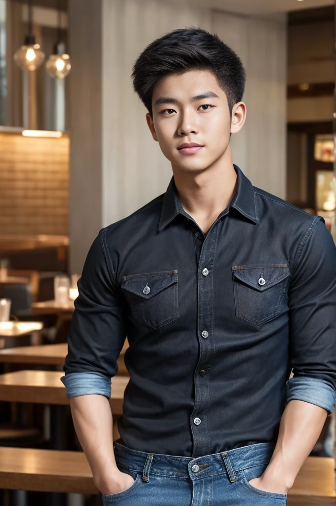 ((realistic daylight)) , Young Korean man in black sports shirt only, no pattern, denim shirt, jeans., A handsome, muscular young Asian man looks at the camera.  , in the restaurant ,turn sideways