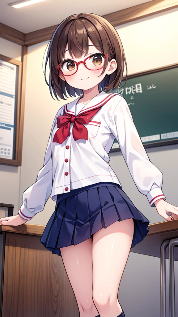 Cutesy、Comical movement、nichijo style、smile、mischief、lure、Expectations、surprise、Shyness、School、classroom、Daytime、Cute girl , Shooting from below, One Girl, Brown Hair、Very short hair, Brown eyes、Red frame glasses、White blouse, Navy Blue Skirt, Navy blue socks, Brown Loafers,、 Chibi character、Highest quality, 4K, 8k, High resolution, masterpiece:1.2, Very detailed, Realistic, photoRealistic, photo-Realistic:1.37, High resolution, 超High resolution, Studio Lighting, Ultra-fine painting, Sharp focus, Physically Based Rendering, Very detailed説明, Professional, Vibrant colors, Bokeh