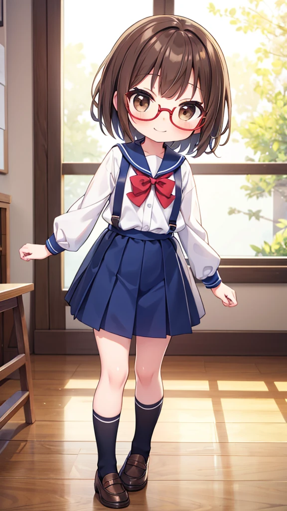 Cutesy、Comical movement、nichijo style、smile、mischief、lure、Expectations、surprise、Shyness、School、classroom、Daytime、Cute girl , Shooting from below, One Girl, Brown Hair、Very short hair, Brown eyes、Red frame glasses、White blouse, Navy Blue Skirt, Navy blue socks, Brown Loafers,、 Chibi character、Highest quality, 4K, 8k, High resolution, masterpiece:1.2, Very detailed, Realistic, photoRealistic, photo-Realistic:1.37, High resolution, 超High resolution, Studio Lighting, Ultra-fine painting, Sharp focus, Physically Based Rendering, Very detailed説明, Professional, Vibrant colors, Bokeh