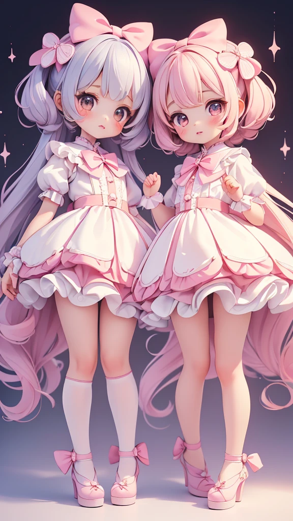((petite bishojo, little 2girls)), ((cute face)), ((cute puffy eyes)), ((masterpiece)), ((best quality)), ((ultra detailed)), ((exquisite)), ((8k)), ((crisp)), ((depth)), ((beautiful and aesthetic)), (super detailed skin), ((high standard)), ((highres)), ((perfect anatomy)), (full body), (blush), (lipstick), (cutesy girl), (bow in hair), (kawaii pose), (perfect fingers)