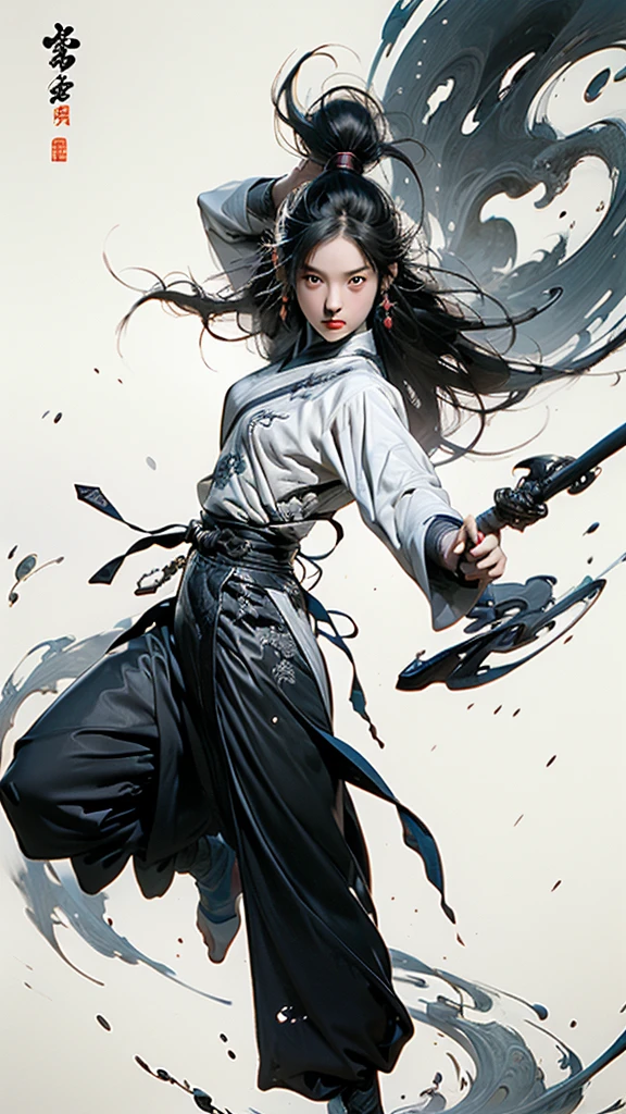 martial arts, one girl, alone, simple background,
ustration style, Chinese martial arts war scenes, Chinese ink painting, martial arts style,
(medium bust:1.3), long sleeves, Chinese clothes, (shiny:1.4), splash, fighting stance,,
Chinese calligraphy, ink painting, characters, calligraphy characters, text background (full body:1.2),
