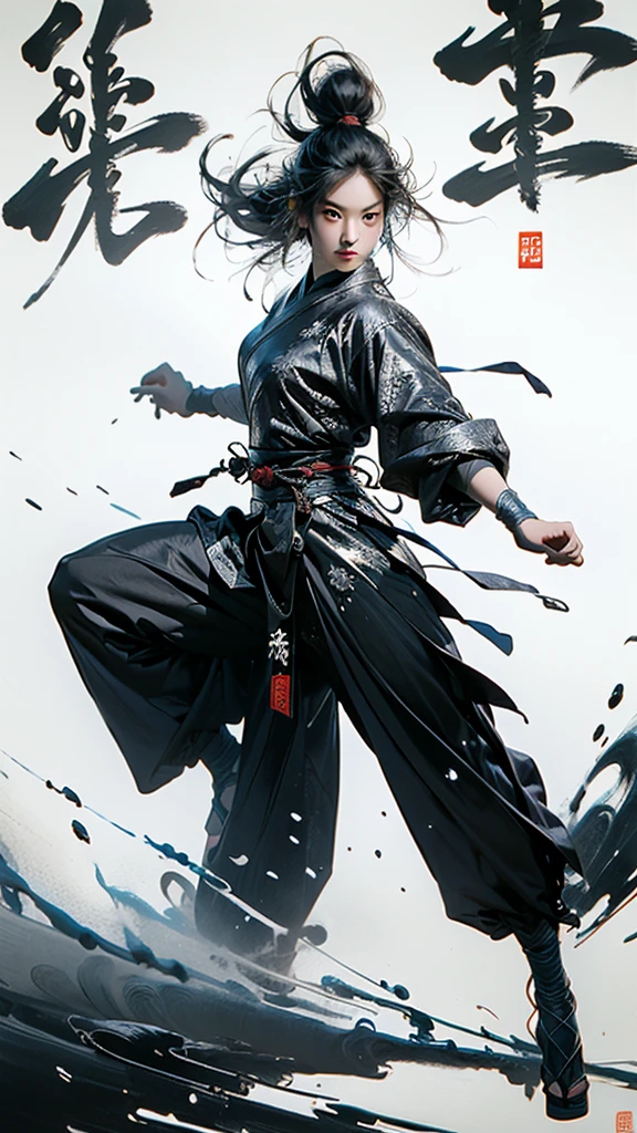 martial arts, one girl, alone, simple background,
ustration style, Chinese martial arts war scenes, Chinese ink painting, martial arts style,
(medium bust:1.3), long sleeves, Chinese clothes, (shiny:1.4), splash, fighting stance,,
Chinese calligraphy, ink painting, characters, calligraphy characters, text background (full body:1.2),
