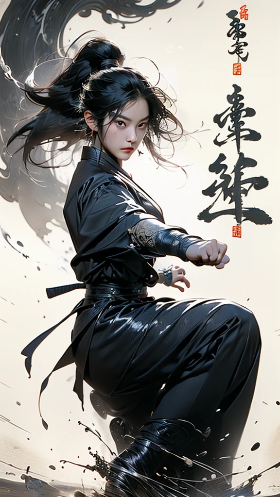 martial arts, one girl, alone, simple background,
ustration style, Chinese martial arts war scenes, Chinese ink painting, martial arts style,
(medium bust:1.3), long sleeves, Chinese clothes, (shiny:1.4), splash, fighting stance,,
Chinese calligraphy, ink painting, characters, calligraphy characters, text background (full body:1.2),
