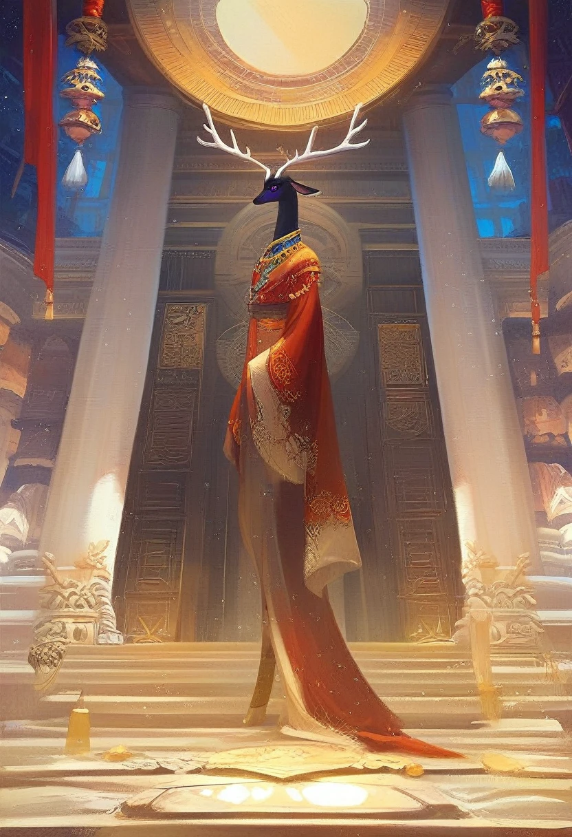 Anthropomorphic deer character, white antlers, black fur with golden accents, glowing golden cracks, purple eyes, dynamic pose, standing in an ancient temple with tall columns, soft evening light, fantasy, highly detailed fur, anime-style shading, captivating, elegant atmosphere, (masterpiece: 2), best quality, ultra highres, original, extremely detailed, perfect lighting