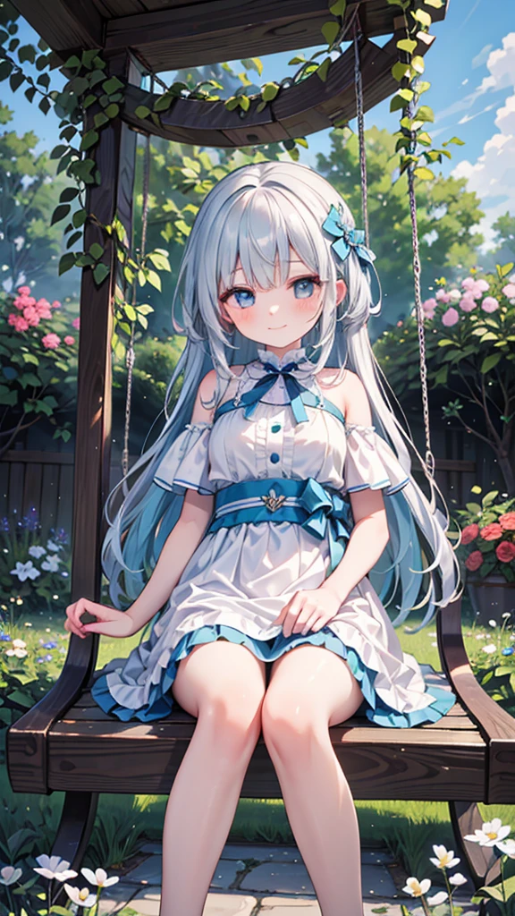 Create an image of a bashful girl with silver hair and cyan eyes, looking down with a nervous smile. Her hair is medium length, slightly wavy, and she wears a simple yet elegant dress with a blue sash. She is sitting on a swing in a lush, sunlit garden, surrounded by blooming flowers and greenery. The camera angle is slightly above, capturing her gentle expression and the vibrant garden. Ensure the image is a masterpiece with the best quality, very detailed, and very delicate.