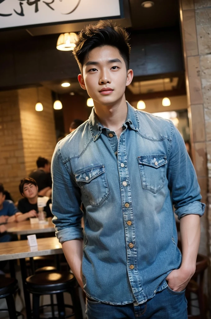 ((realistic daylight)) , Young Korean man in black sports shirt only, no pattern, denim shirt, jeans., A handsome, muscular young Asian man looks at the camera.  , in the restaurant ,turn sideways