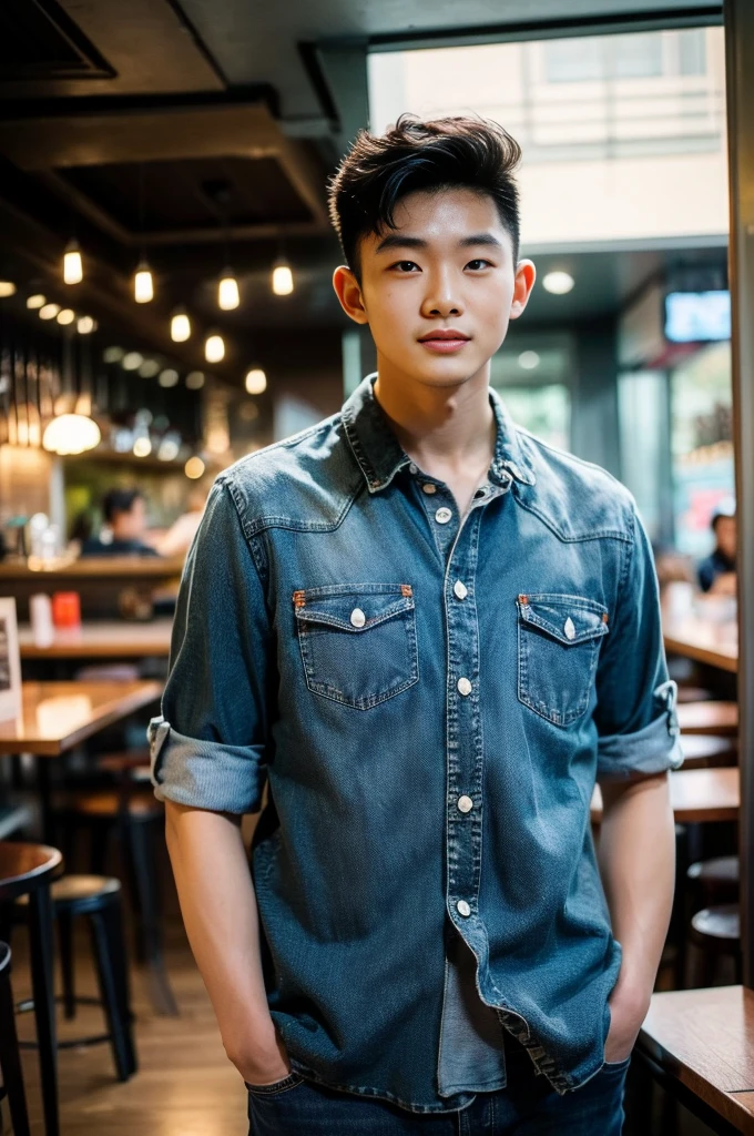 ((realistic daylight)) , Young Korean man in black sports shirt only, no pattern, denim shirt, jeans., A handsome, muscular young Asian man looks at the camera. , in the restaurant ,turn sideways
