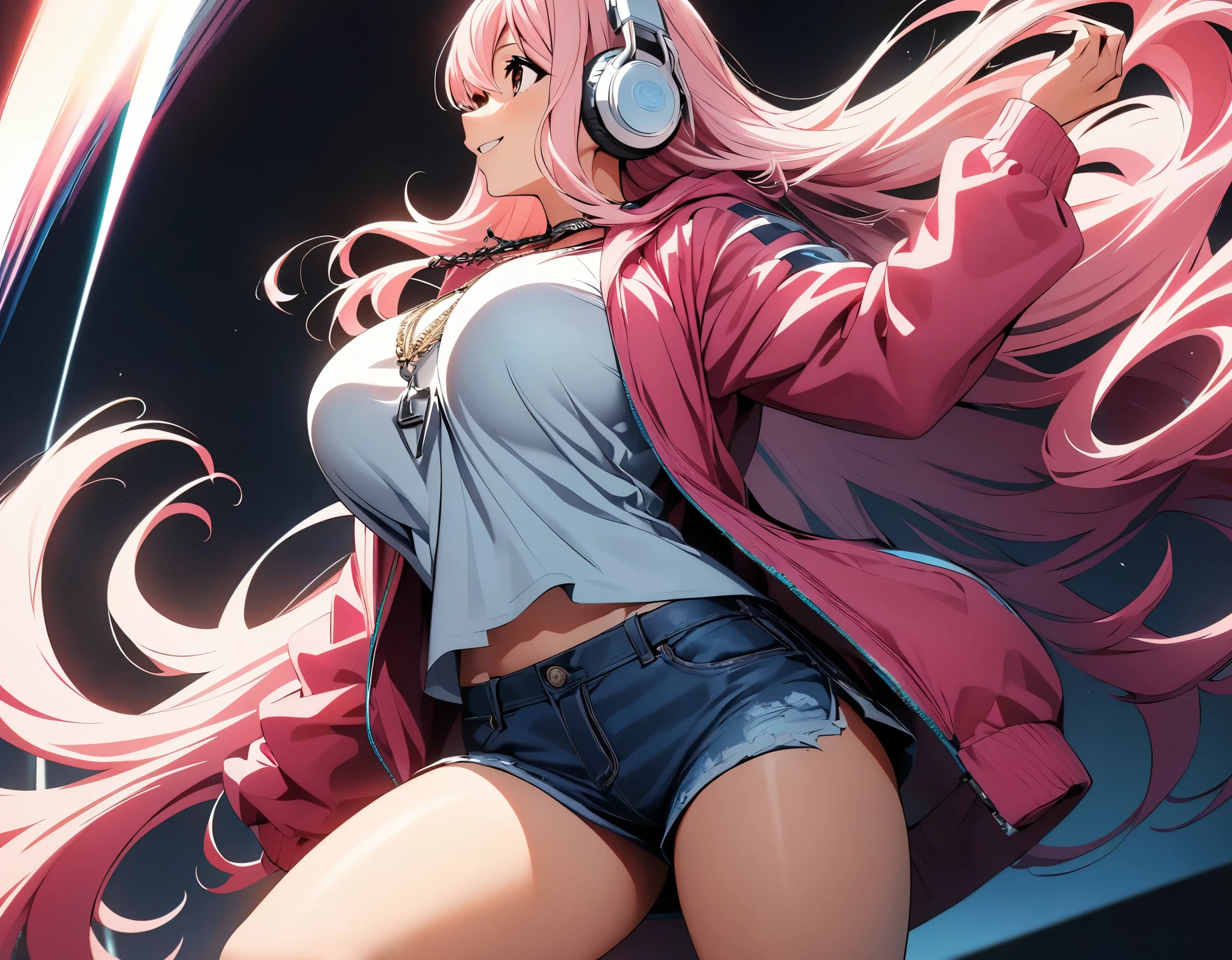 (Highest quality:1.2, animeスタイル, anime:1.2, Very detailed, Latest, Vibrant, digital coloring, High Contrast, masterpiece:1.2, Highest quality, Best aesthetics), (((supersonic, Super Sonico:1.2, 1 Female))), Pink Hair, Long Hair, Gradient Hair, Reddish brown eyes, ((Big Breasts:1.2)), Silver_Headphones, Pink hoodie, necklace, Denim hot pants, Beautiful thighs, Black boots, smile:1.2, Profile looking up at the sky, Standing pose, Cowboy Shot, Simple Background.