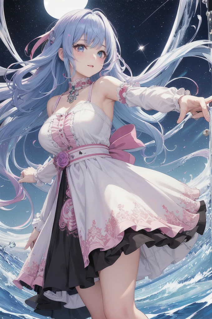 Heterochromia iridis(Right eye is red、Left eye is purple)(masterpiece、Highest quality、Highest quality、water彩画(curly)、Official Art、Beautiful and aesthetic:1.2)、(One Girl:1.3)、(Fractal Art:1.3)、Upper body、From the side、Looking at the audience、pattern、(Light blue hair、Half Blue、Half pink hair:1.2)、water、liquid、cloud、colorful、Starry Sky、performer、