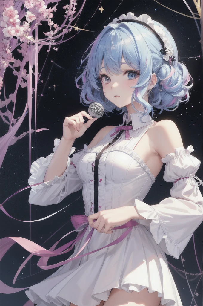 Heterochromia iridis(Right eye is red、Left eye is purple)(masterpiece、Highest quality、Highest quality、water彩画(curly)、Official Art、Beautiful and aesthetic:1.2)、(One Girl:1.3)、(Fractal Art:1.3)、Upper body、From the side、Looking at the audience、pattern、(Light blue hair、Half Blue、Half pink hair:1.2)、water、liquid、cloud、colorful、Starry Sky、performer、