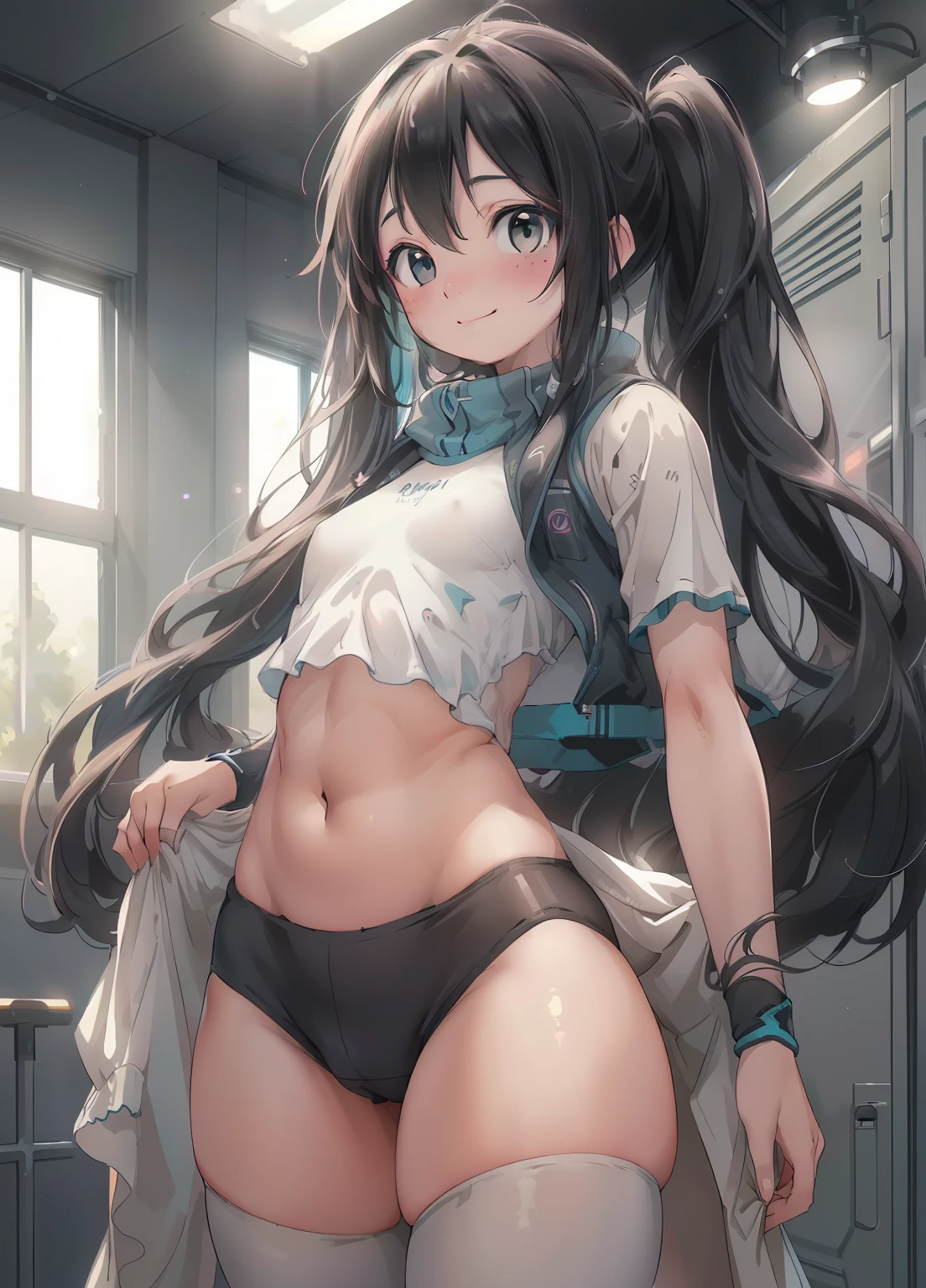 (masterpiece、Highest quality、Highest quality、Official Art、Beautiful and beautiful:1.2)、(One girl:1.3)Hatsune Miku、Twin tails,Beautiful breasts,masterpiece, ultra Realistic, 32k, Very detailed CG unity 8k wallpaper, Highest quality
(masterpiece, Highest quality, High resolution, High resolution:1.2), Very detailed, Realistic, Intricate details, One girl, alone, Black Hair, Long Curly Hair, bangs, Captivating smile, blush, freckles, Wear gym clothes, Pants pull down, (Small breasts, Thick thighs, Wide Hips), (Cinema Lighting, sunlight, Volumetric), locker room, View your viewers, In-person audience, From above, Cowboy Shot, (masterpiece,Highest quality:1.5)