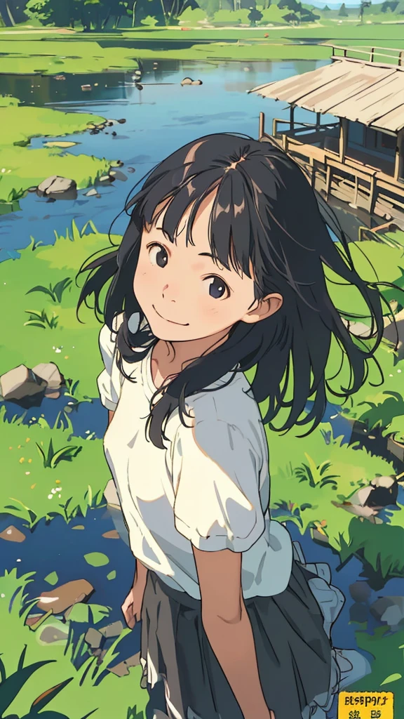 reasonable design, Clear lines, High Sharpness, (highest quality,8K,Perfect sharpness,Ultra fine,High resolution,masterpiece:1.2), Perfect Anatomy:1.5, Official Art, Illustrations that tell a story, (Whitish background:0. 9)、Body Positivity、More Mr.Physical expression、(Random and mischievous poses)、Perfect beauty、Perfect beautiful face、Strong winds、A rich expression、Dynamic composition、smile、Golden ratio composition、colorful、(Mr.Different angles and perspectives)、anime art、mini skirt、(Overcoming stereotypes)、 Glowing Skin、(Natural beauty)、smile、bangs、Straight Hair、(Soft and flowing hair)、(Rural Scenery)、(Nostalgic atmosphere)、Insert up to the thighs、(Playful and carefree)、(More Mr.Ethnic characters)、(innocent attitude)、(Sunny atmosphere)、Skirt flipped up、(Bright colors)、Belly button exposed、Beautiful Eyes、A skirt fluttering in the wind、Put it in to your feet、Some composition patterns、sensuous、Geometric pattern、emotional、Symposium cover、Angle from above、
