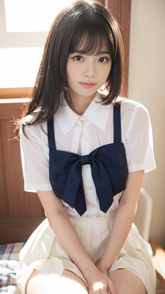 highest quality, ８ｋ, Professional Lighting, Beautiful girl, 17 years old,   Cute face, (Detailed face, Fair skin, light makeup, Young face), Natural look , (Closed lips, Thin eyebrows, Thin eyebrows), Black Hair, (bangs, Straight Bob, Shiny Hair), delicate, (Medium chest, ),White Uniform, (Uniform white shirt, Blue tie, Short sleeve, Pleated skirt), Sunshine from the window, White wall, とてもBeautiful girl