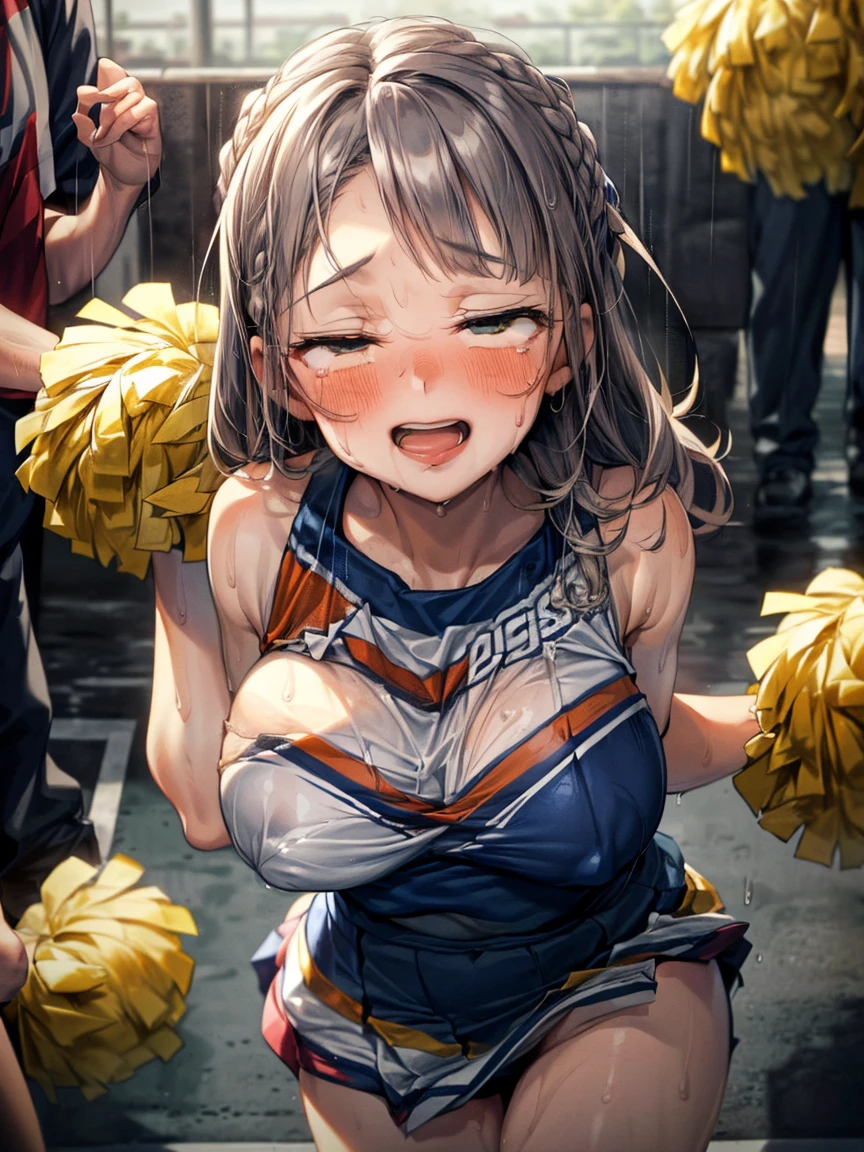 (Very tiny girl rides guy perfectly:1.5)、(Petite girl riding:1.3)、(Big Breasts:2)、(eyes half closed:1.9)、(Grin:1.1)、(tears:1.2)、(The body shakes violently)、8k resolution、 ((Highest quality))、Anatomically correct、(Cheerleader:1.9)、((Hasselblad Photos))、[:(Detailed face:1.2):0.2]、(heavy rain:1.5)、(Sweaty:1.6)、((Top view:1.6))、(braid one's hair:1.5)、(Loss of strength from the body:1.3)、(呻吟)、(Jump:1.6)、((Surrounded by a lot of middle-aged men:1.6))、(Upper Body:1.9)、(Leaning forward:1.6)、(Groping the chest:1.6)、((kiss:1.6))