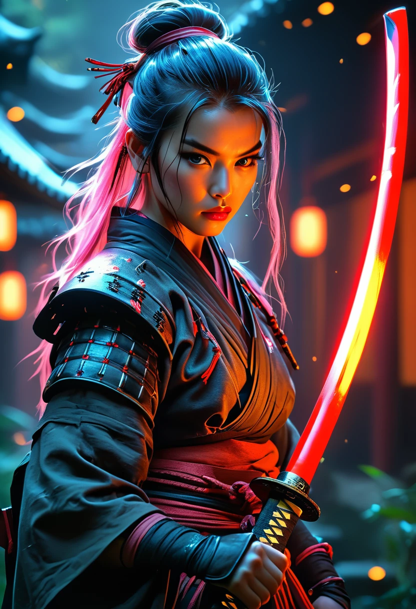 Samurai, 25yo woman, hyperrealism, very detailed skin, 4k,,, AshleyWoodArtAI,, katana profile picture, Organic Painting, night time, Matte Painting, bold shapes, hard edges, street art, trending on artstation, by Huang Guangjian and Gil Elvgren and Sachin Teng, Glow, katana