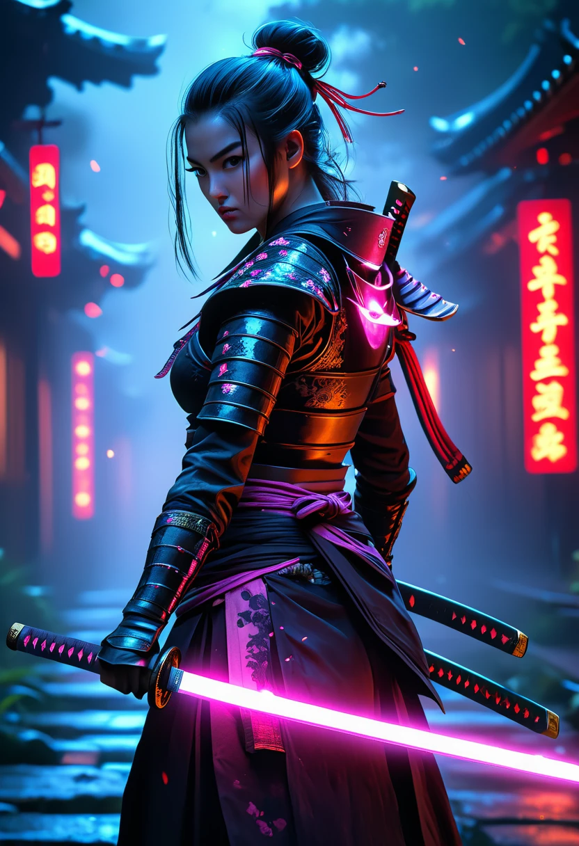 Samurai, 25yo woman, hyperrealism, very detailed skin, 4k,,, AshleyWoodArtAI,, katana profile picture, Organic Painting, night time, Matte Painting, bold shapes, hard edges, street art, trending on artstation, by Huang Guangjian and Gil Elvgren and Sachin Teng, Glow, katana