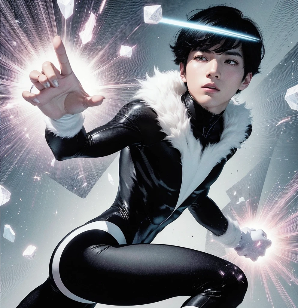 American classic comic book art: Mind Telepathy, handsome delicate ethereal young man, silky black short hair with bangs, tight black and white outfit with white fur collars, pointed ears, black tight leggings, long white gloves, emanating white energy, very young face boy Asian, ethereal male delicate body, Northstar Marvel, big city,butt, thighs, levitating crystals, magic light pink energy, white eyes, focus on face, classic comic book