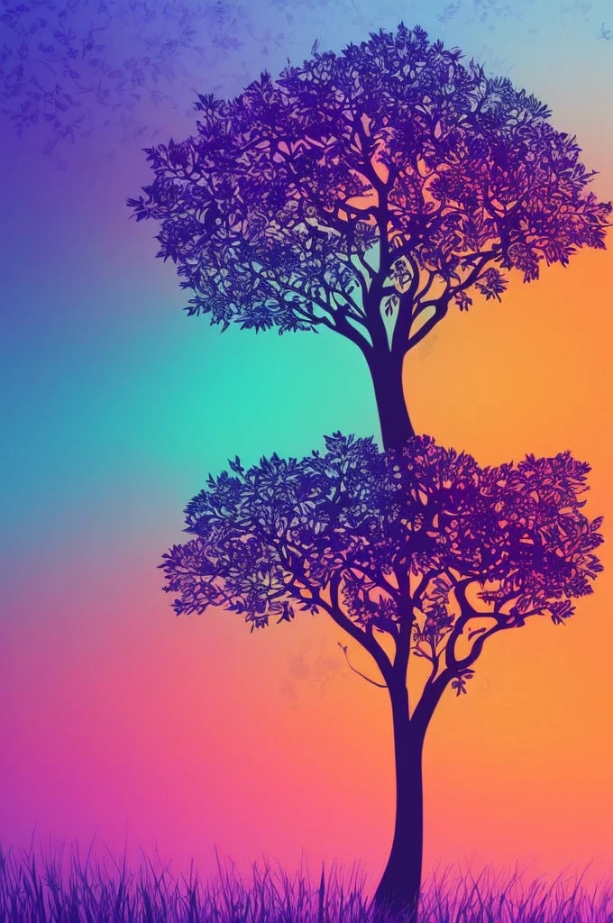 a high quality vector art illustration of a tree, purple and orange color scheme, detailed textures, intricate design, abstract, minimalist, symmetrical, isometric, bold colors, striking contrast, white background, T-shirt