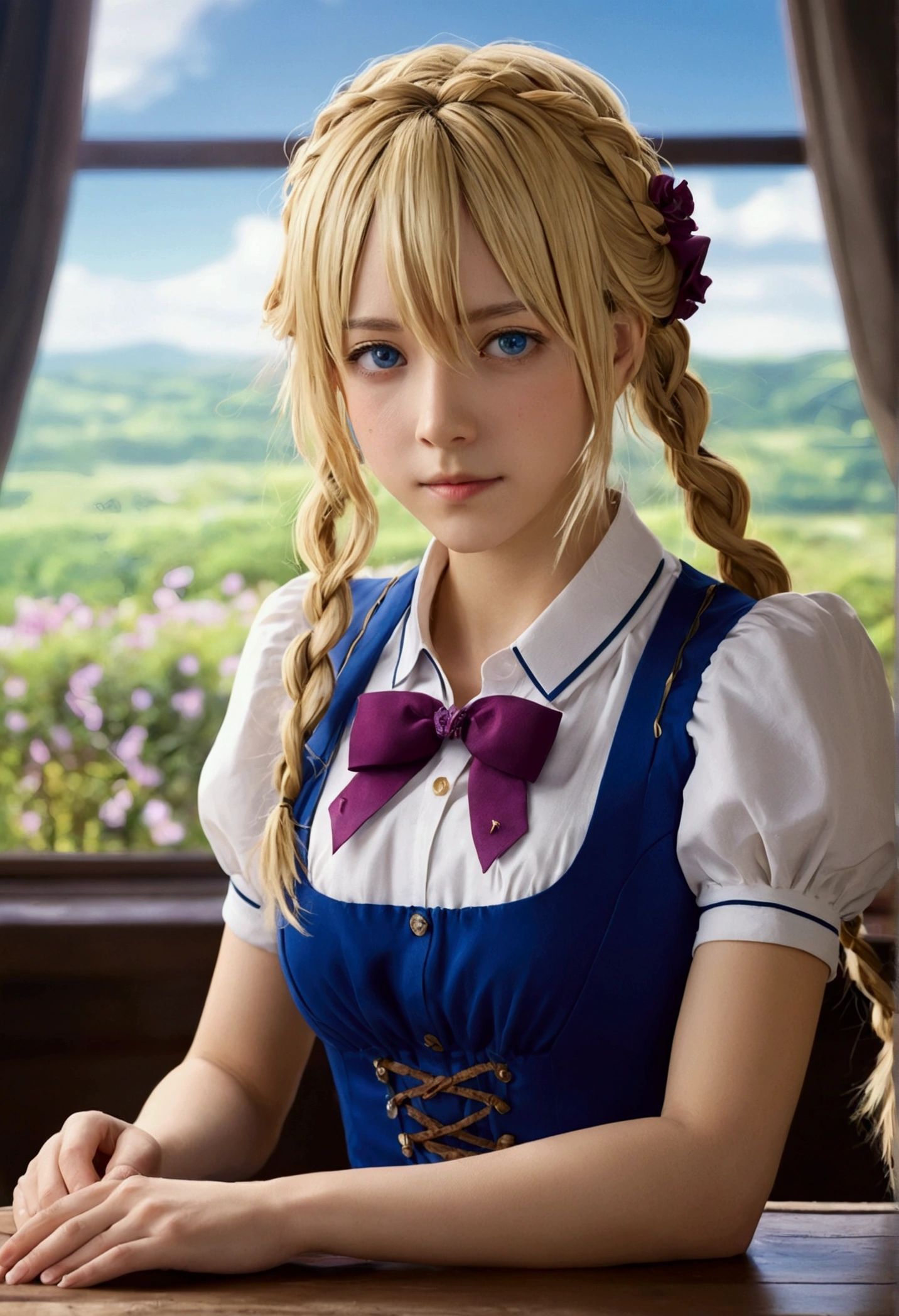 Violet Evergarden,Tabletop, Highest quality, One Girl, alone, Blonde, blue eyes, Hair between the eyes, View your viewers, ribbon, 赤いribbon, Braiding, ヘアribbon, Blue T-shirt, jewelry, bangs, Outdoor, brooch, Hair Intake, Anime Coloring, Ascot, Blurred background, Blurred, ホワイトAscot, wood, Mouth closed, Portraiture, Day Glastory detailed CG, ( Perfect Anatomy),Life、Highly detailed CG, ( Perfect Anatomy),Sense of life