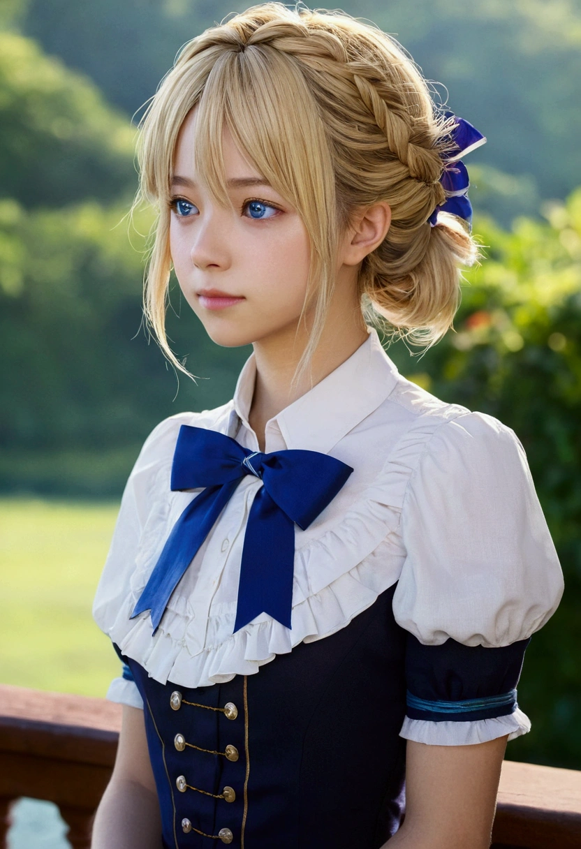 Violet Evergarden,Tabletop, Highest quality, One Girl, alone, Blonde, blue eyes, Hair between the eyes, View your viewers, ribbon, 赤いribbon, Braiding, ヘアribbon, Blue T-shirt, jewelry, bangs, Outdoor, brooch, Hair Intake, Anime Coloring, Ascot, Blurred background, Blurred, ホワイトAscot, wood, Mouth closed, Portraiture, Day Glastory detailed CG, ( Perfect Anatomy),Life、Highly detailed CG, ( Perfect Anatomy),Sense of life