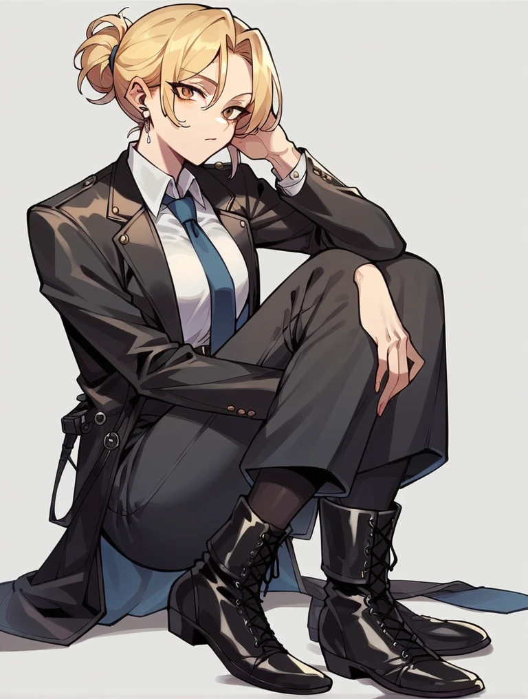 A woman wearing a black suit, tie, black long pants, black socks, and leather boots, raising her right foot up.