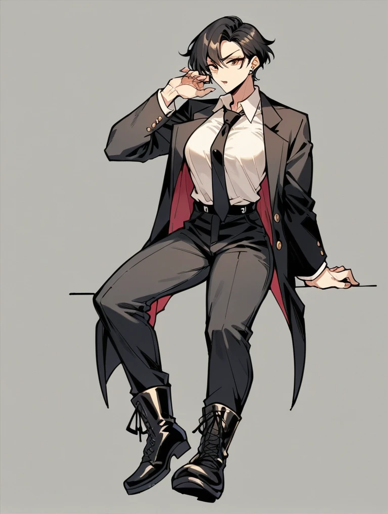 A woman wearing a black suit, tie, black long pants, black socks, and leather boots, raising her right foot up. 