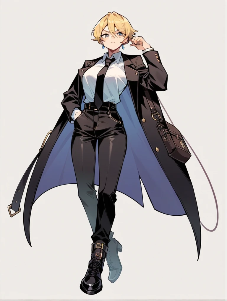 A woman wearing a black suit, tie, black long pants, black socks, and leather boots, raising her right foot up. 