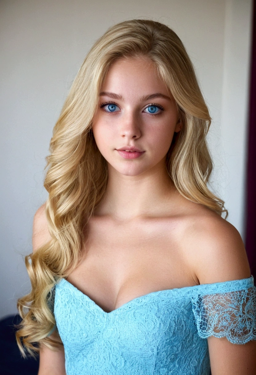 Une fille blonde de 19 ans, very beautiful with beautiful, long, smooth, slightly wavy hair, with an off-the-shoulder top and an imposing chest, symmetrical perfect blue eyes, photo de plein pied dans sa chambre.